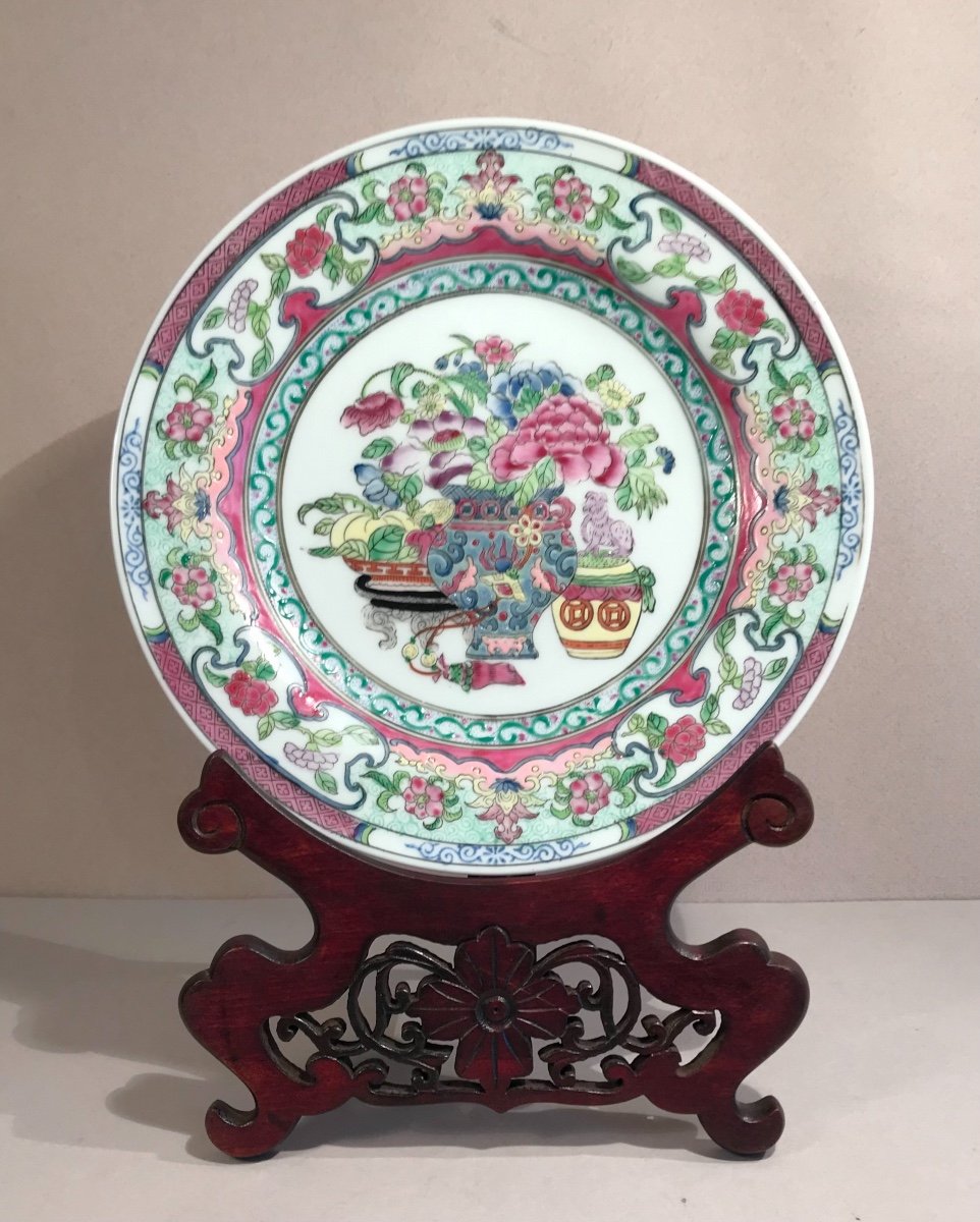 Arts D’asie Chine Plat Porcelaine émaillée Décor Fleuri XXème Marque Qianlong Apocryphe -photo-2