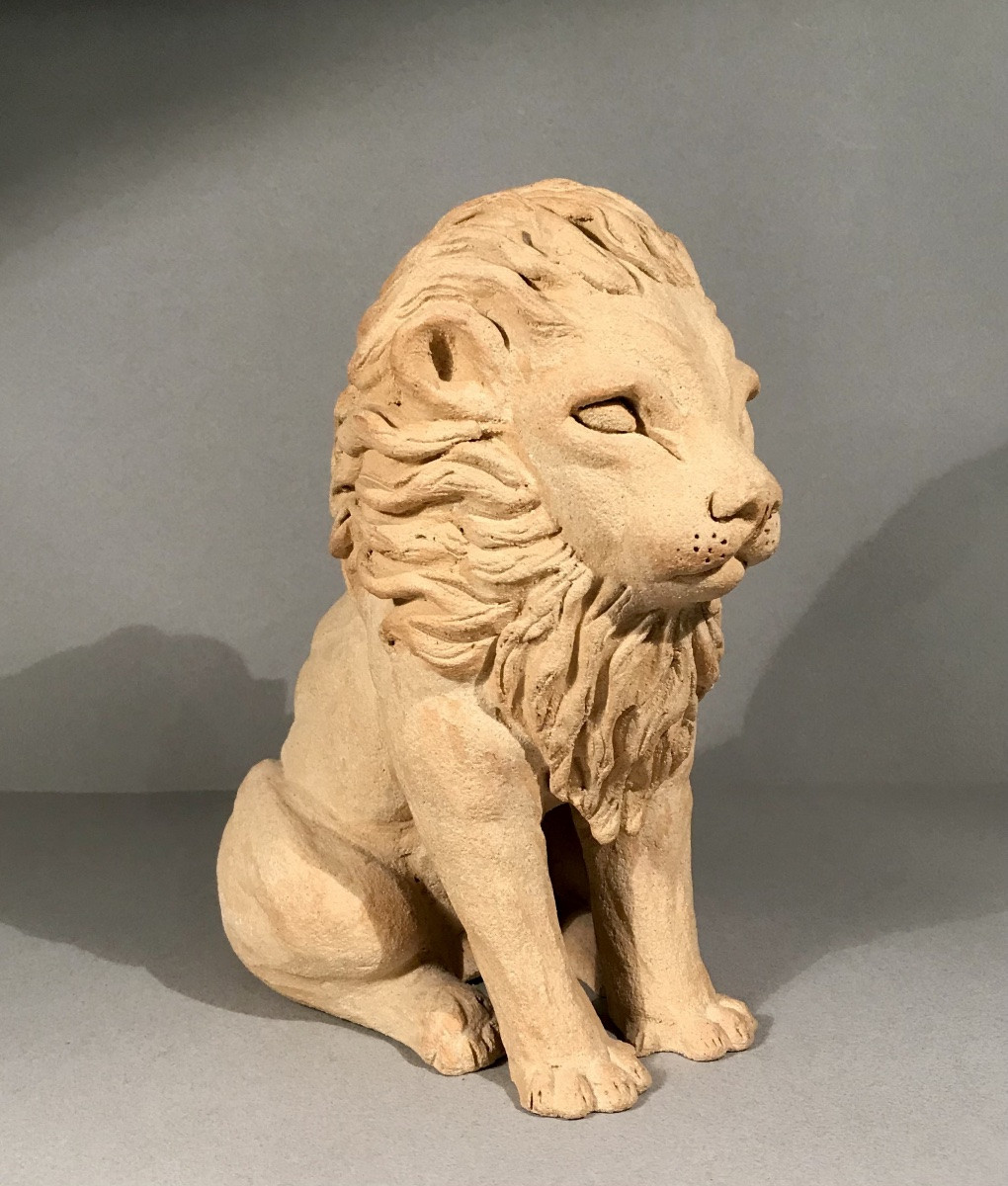 Sculpture Animalière Lion En Terre Chamottée Cuite Arts Du Feux Signée XXème Siècle France-photo-2