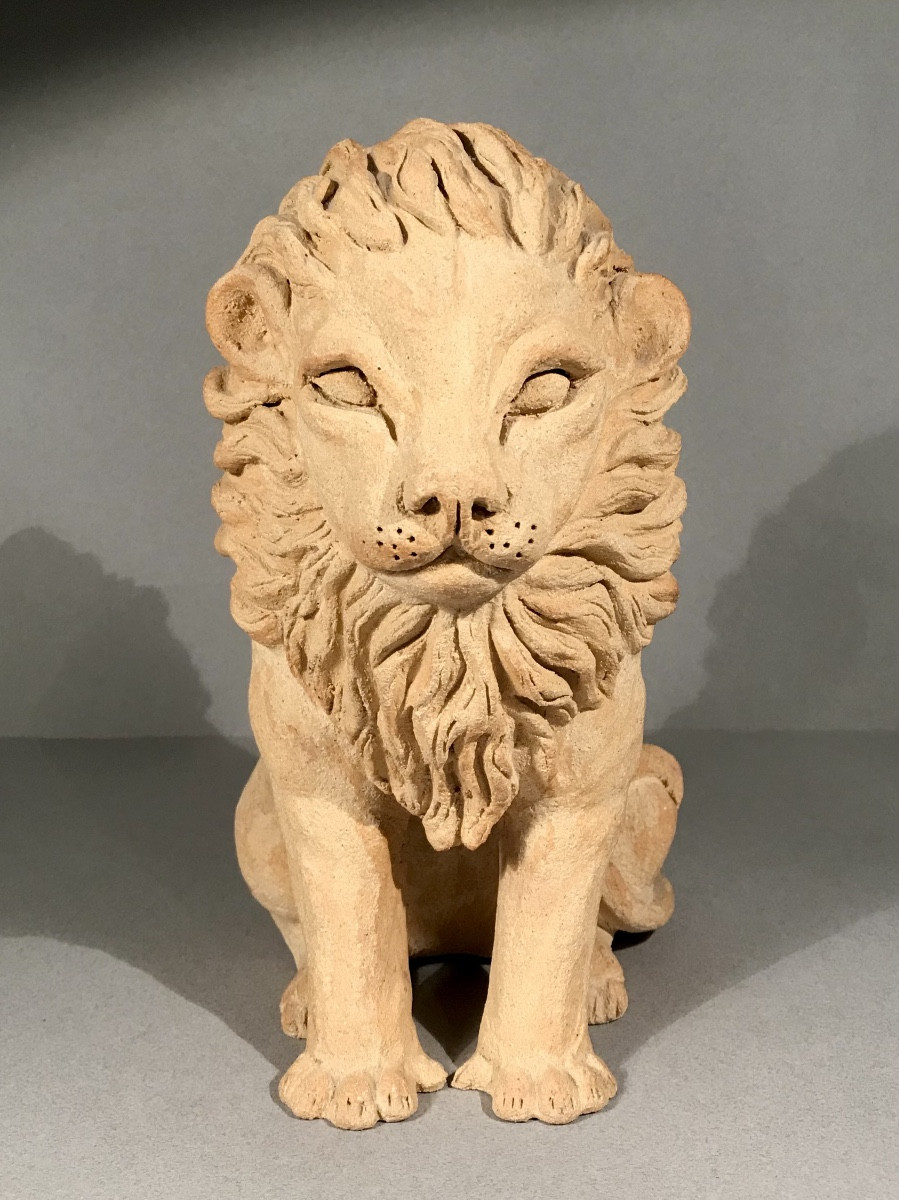 Sculpture Animalière Lion En Terre Chamottée Cuite Arts Du Feux Signée XXème Siècle France