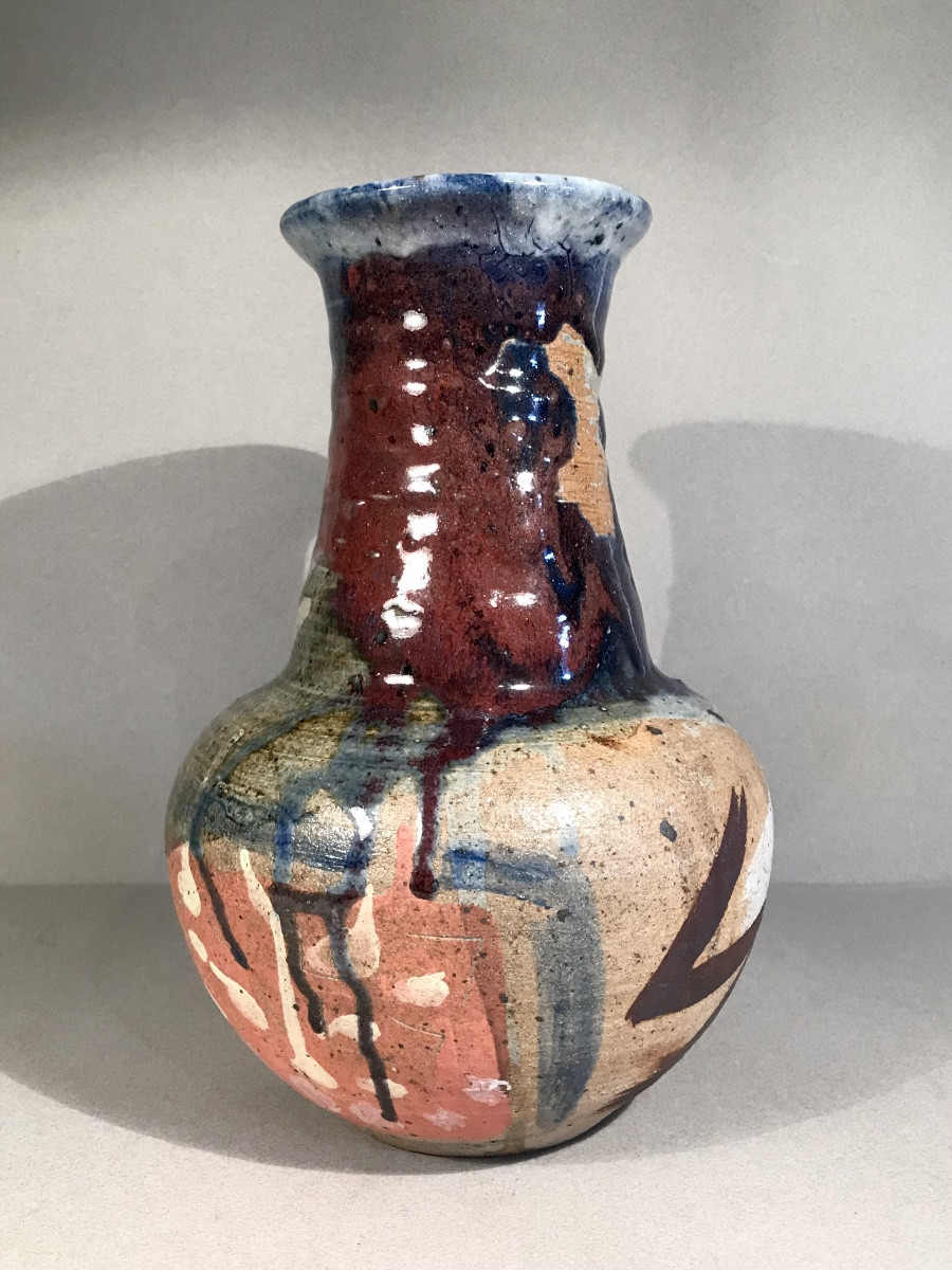 Art Du XXème Thierry Basile Vase Grès émaillé Peint Scarifié Signé Céramique 20ème 