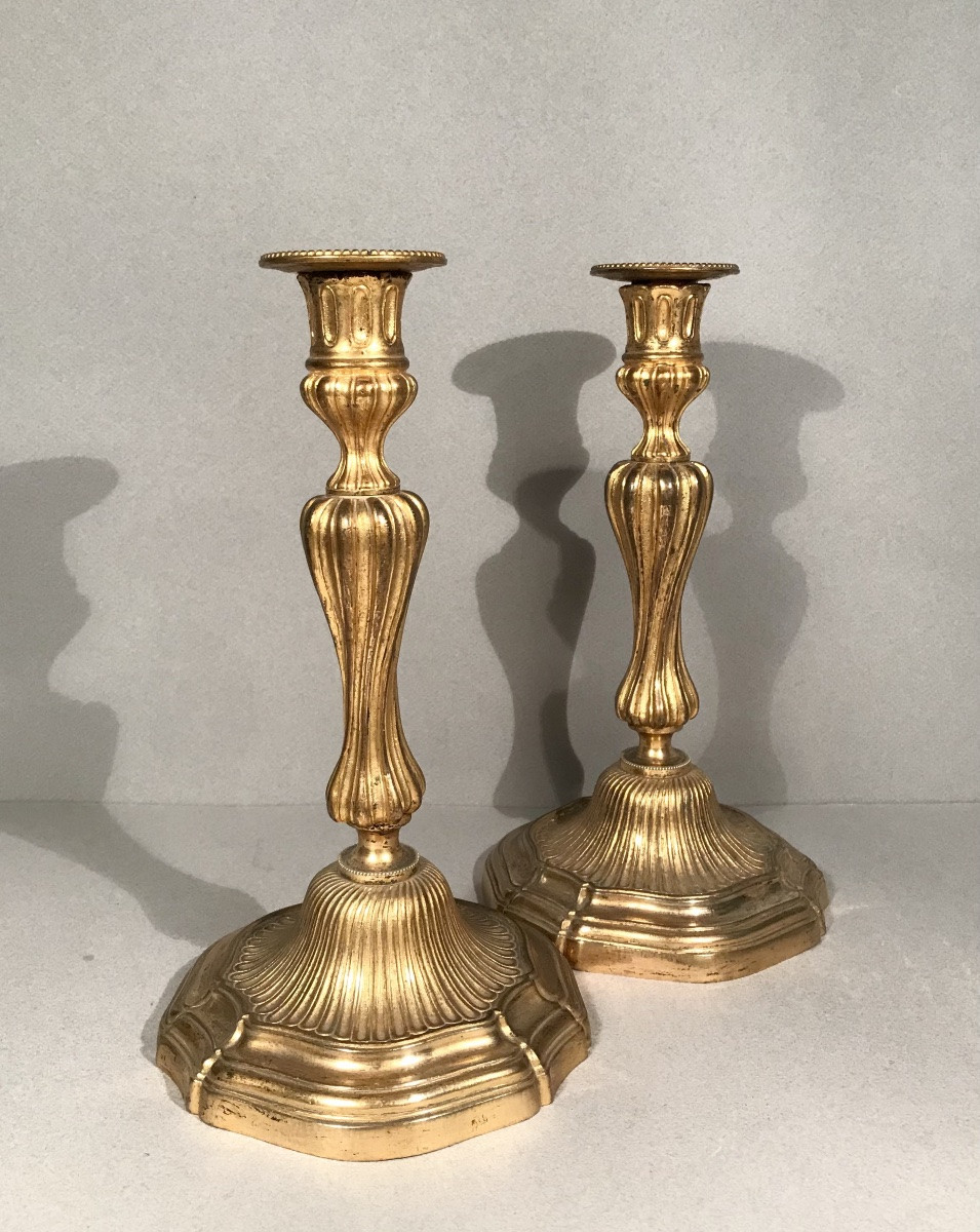 Style Louis XV Paire De Flambeaux Bronze Doré Modèle  «au Roi» XIXème Siècle -photo-4