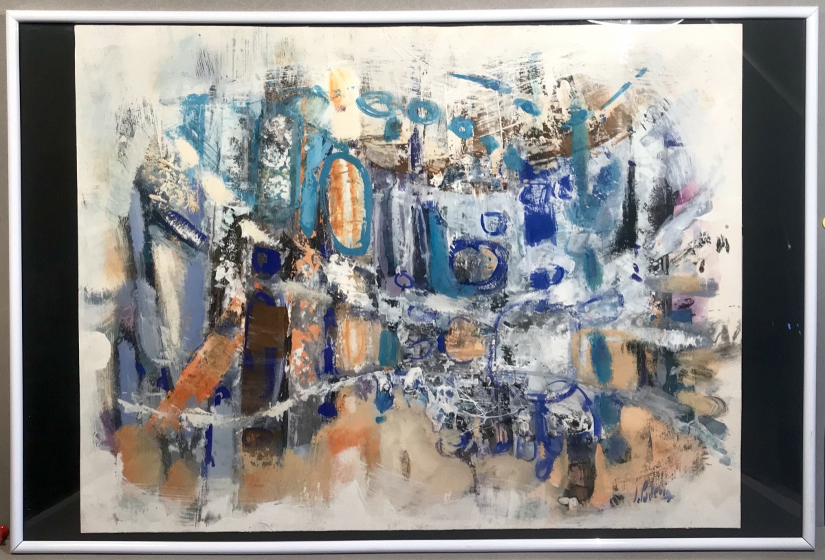 Modern Art Painting Jean Podevin Abstraction Hscarton “the City On The Water” 20th Century Circa 1980/90