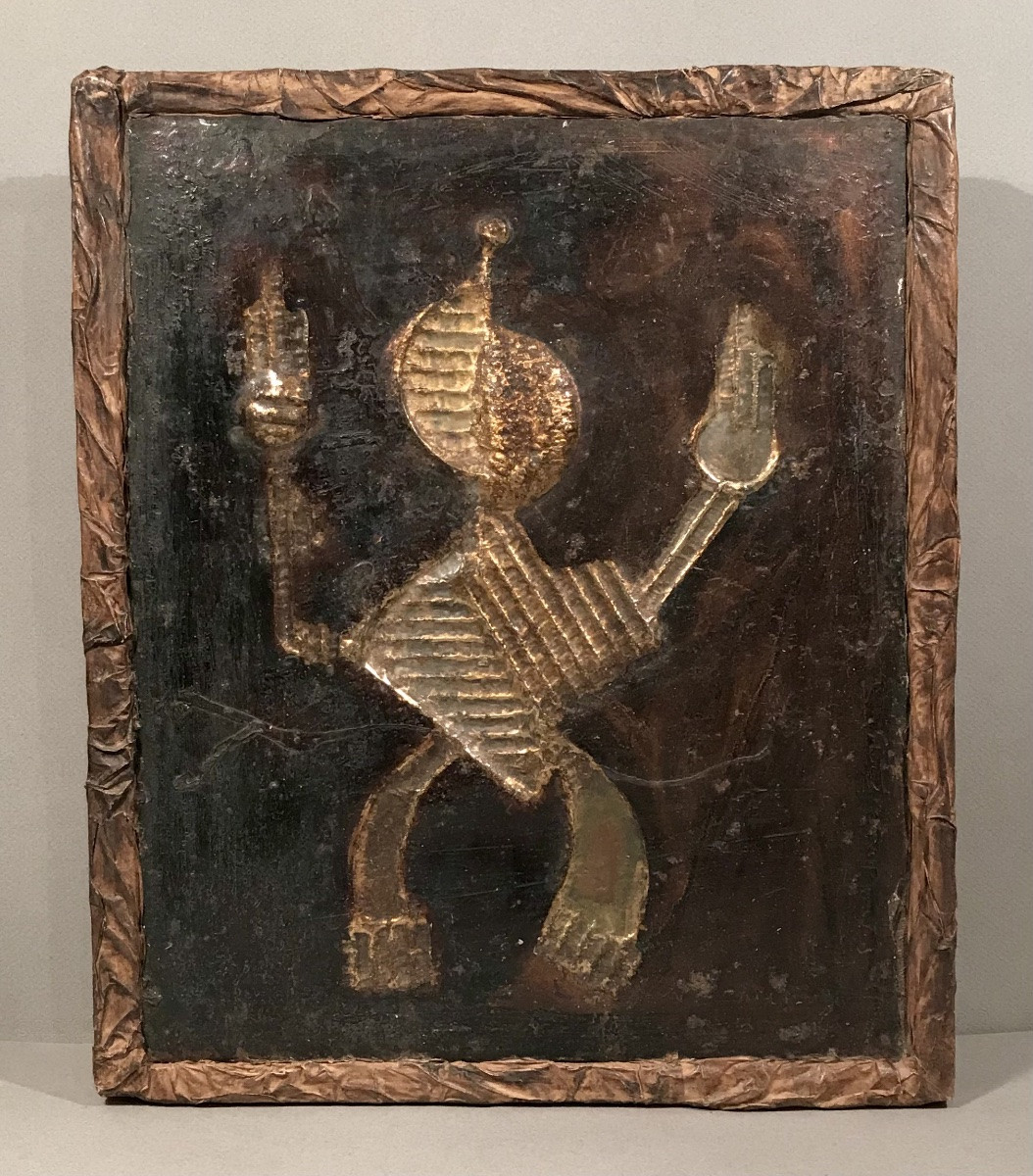 Modern Art African Art "the Fire Bearer" Senegal 1976 Cubism Mixed Media Art Brut-photo-2