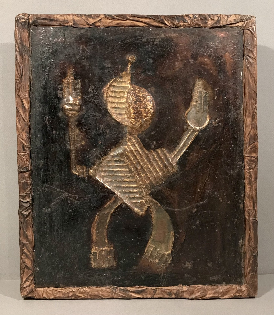 Modern Art African Art "the Fire Bearer" Senegal 1976 Cubism Mixed Media Art Brut-photo-3