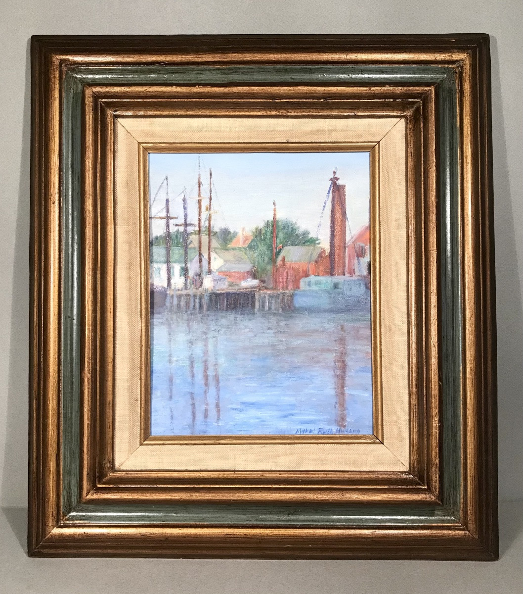 Art Moderne Peinture Huile sur Panneau «Sur les quais» Marel Ruth Hudson USA XXème siècle -photo-2