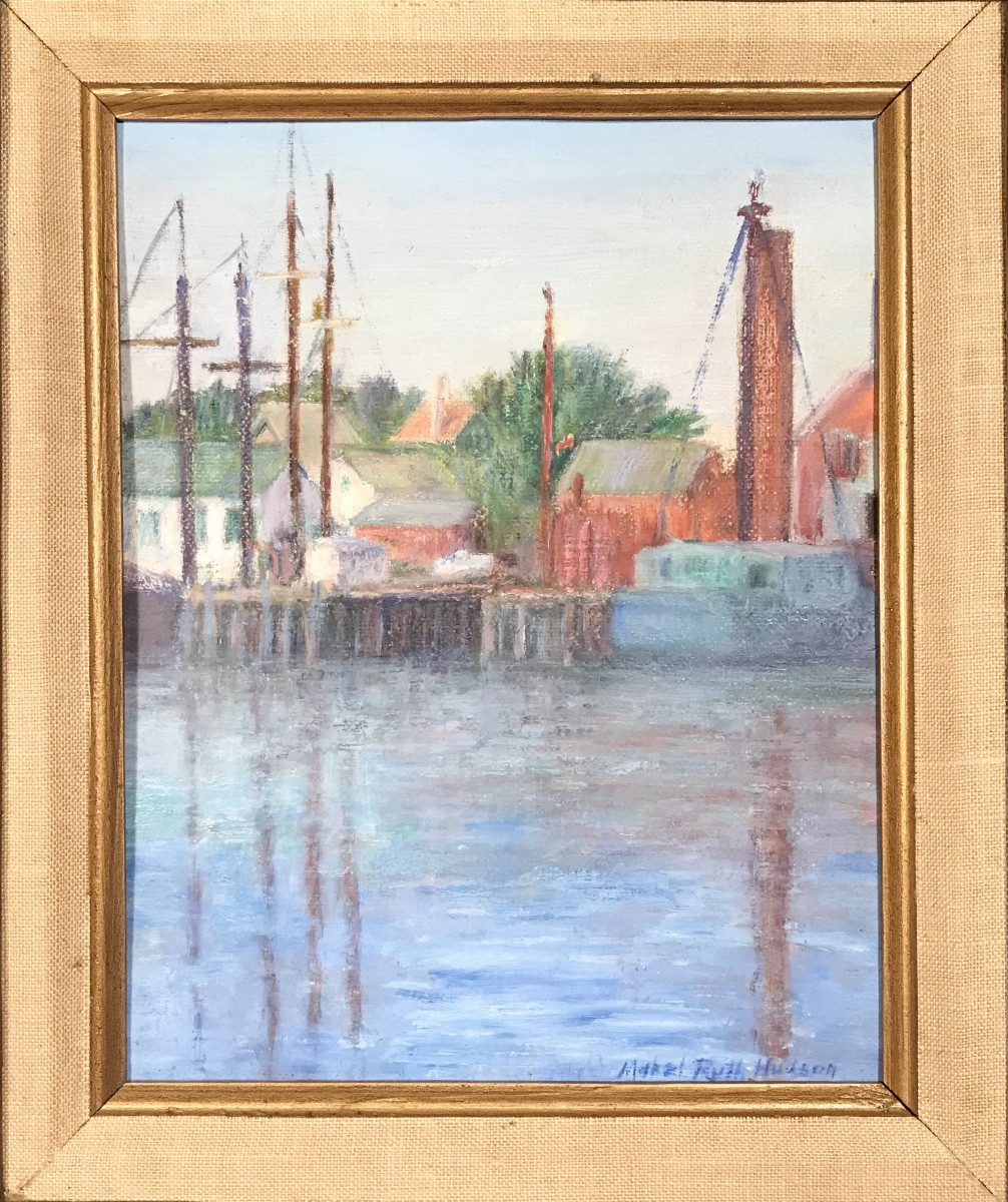 Art Moderne Peinture Huile sur Panneau «Sur les quais» Marel Ruth Hudson USA XXème siècle -photo-4