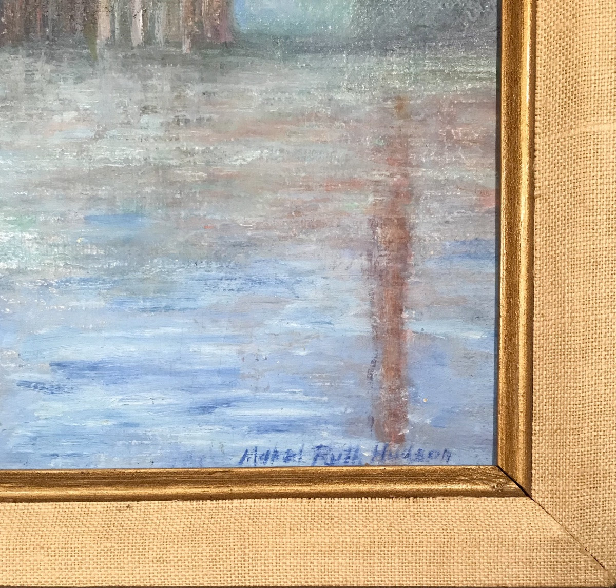 Art Moderne Peinture Huile sur Panneau «Sur les quais» Marel Ruth Hudson USA XXème siècle -photo-2