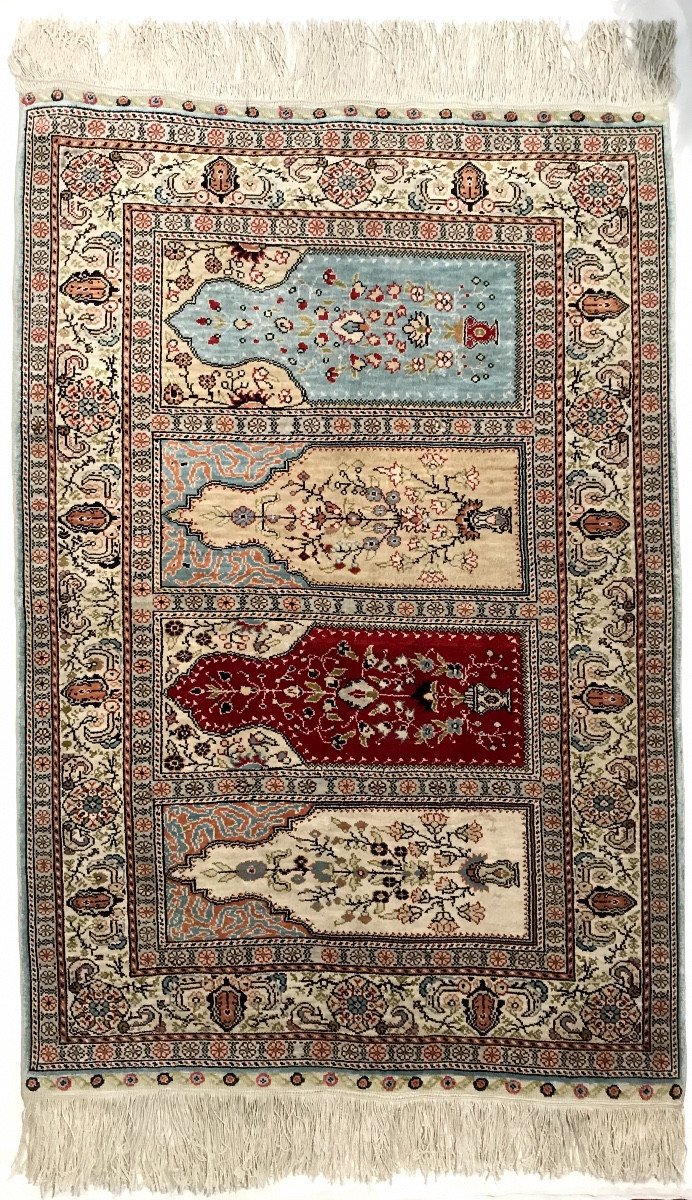 Hereke Hand-knotted Silk Rug With Floral And Plant Decoration, Türkiye, 20th Century, 134 X 76.5 Cm