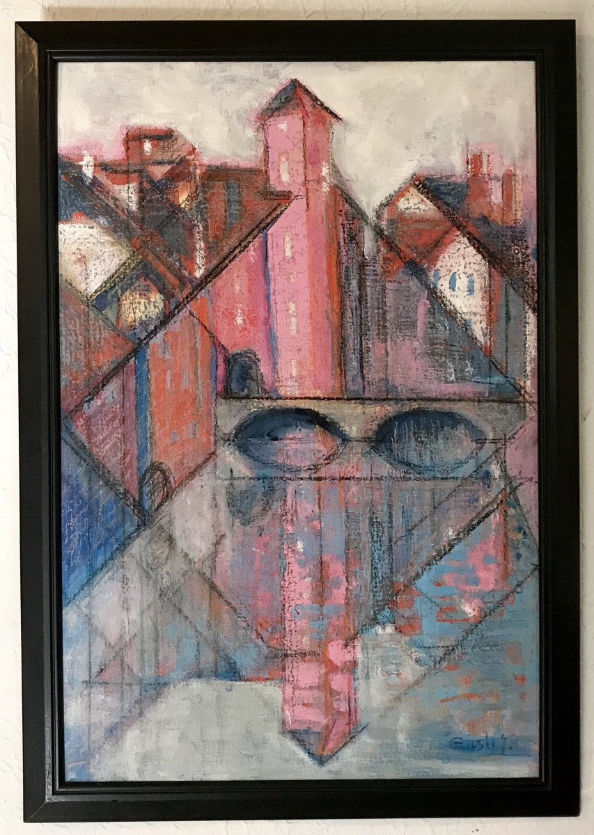 Modern Art Painting "the Pink City In The Water" Mixed Technique Cubism Abstract Figuration 20th Century-photo-2
