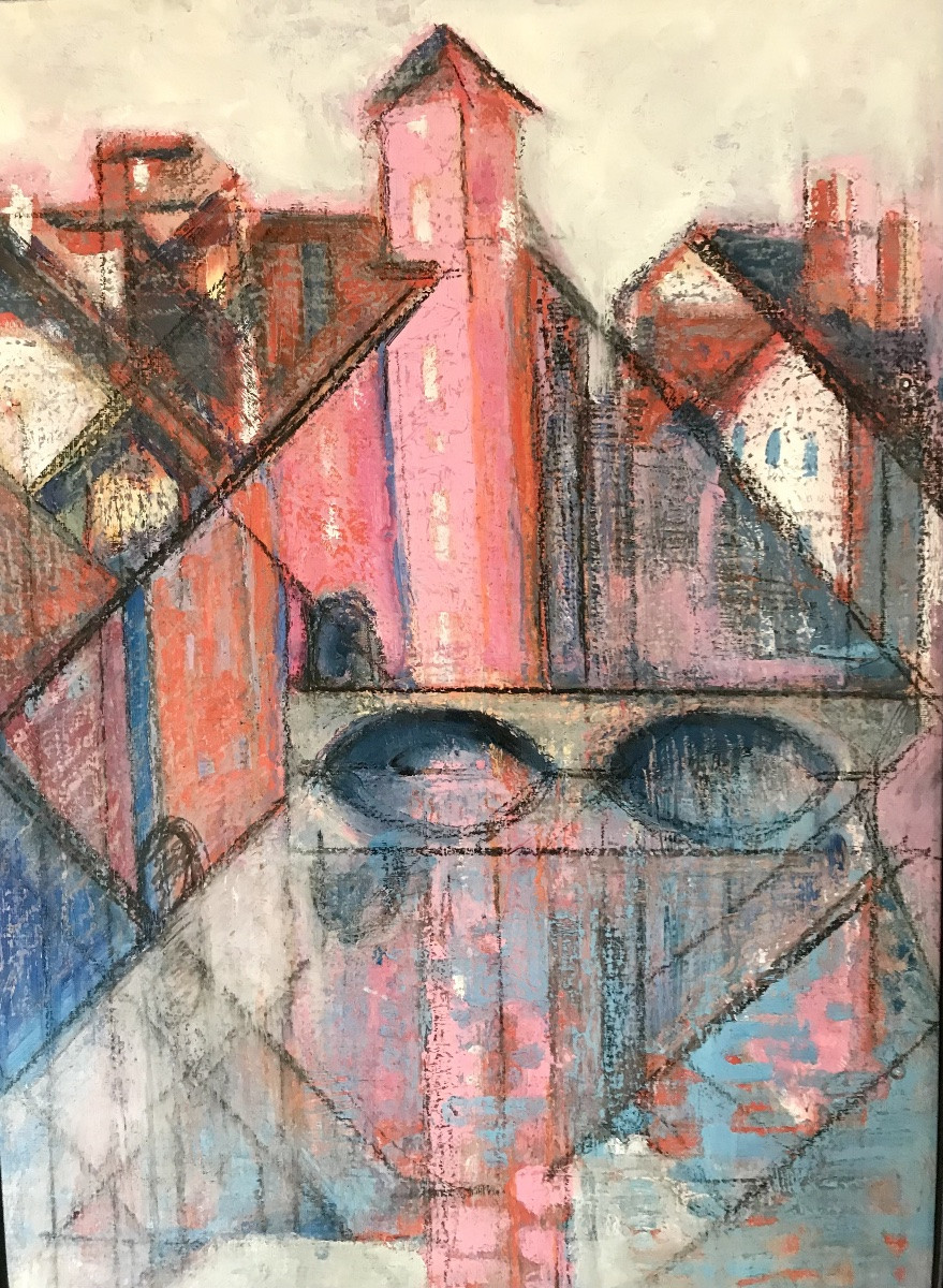 Modern Art Painting "the Pink City In The Water" Mixed Technique Cubism Abstract Figuration 20th Century-photo-3