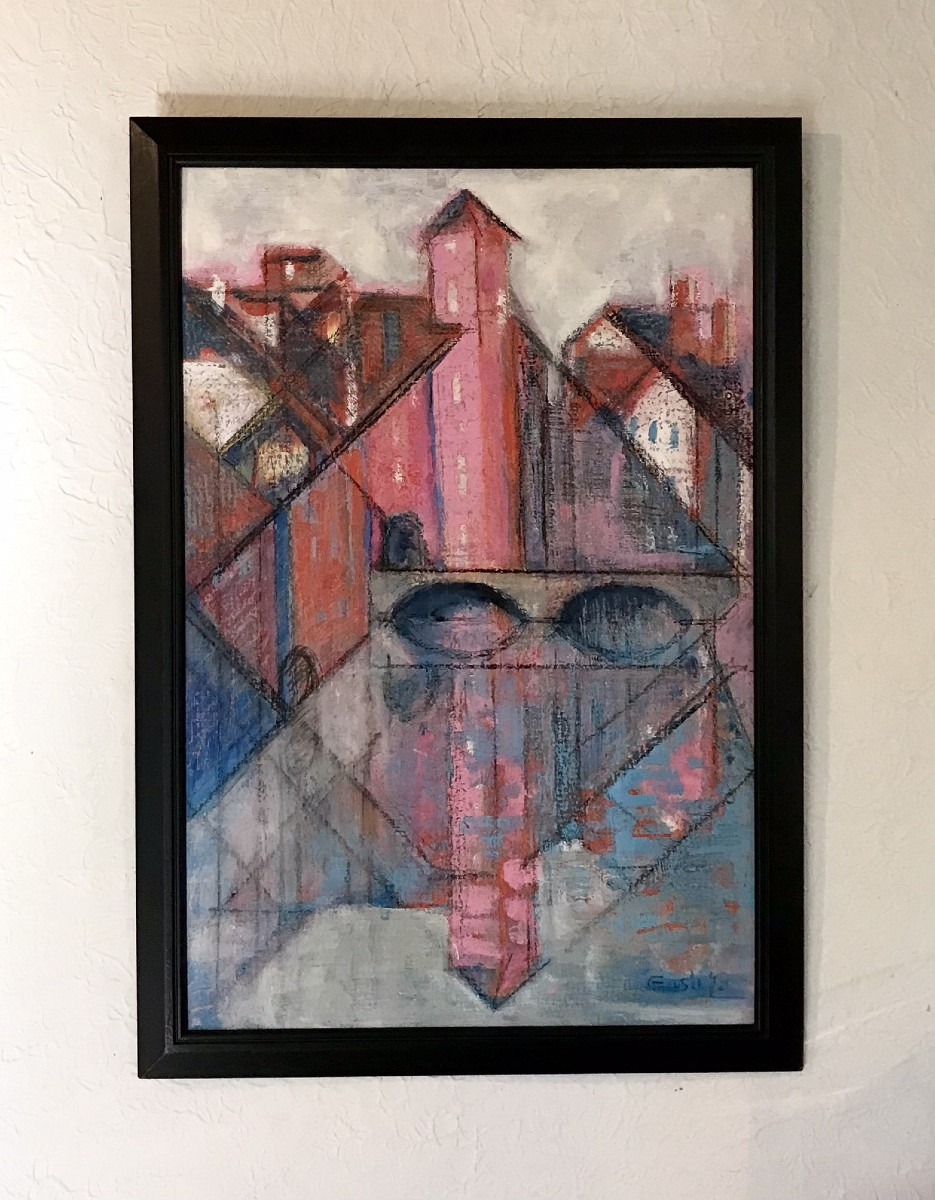 Modern Art Painting "the Pink City In The Water" Mixed Technique Cubism Abstract Figuration 20th Century-photo-5
