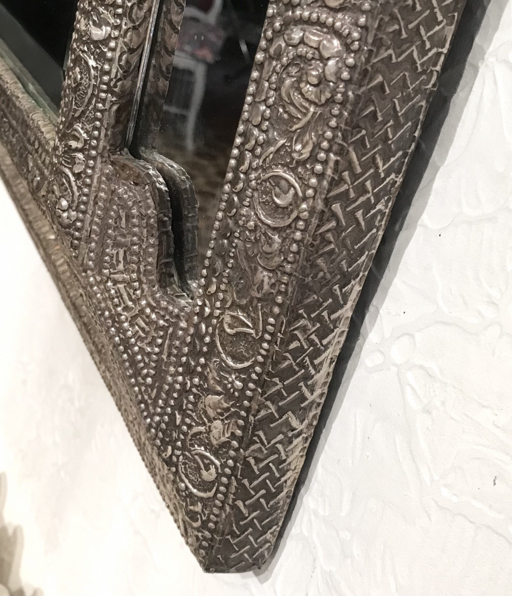 115x59 cm Miroir à parecloses Argent repoussé Décor floral et végétal Tunisie milieu XXème-photo-3