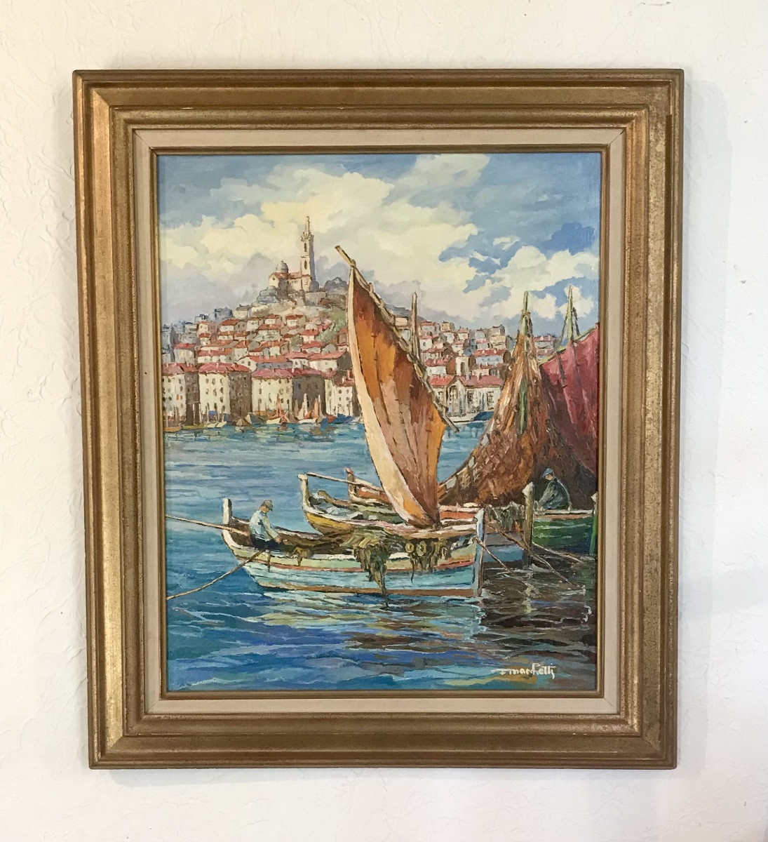 Modern Art Oil On Canvas “the Port Of Marseille” Marine 1977 Signed F. Marchetti 78.3x67 Cm -photo-2