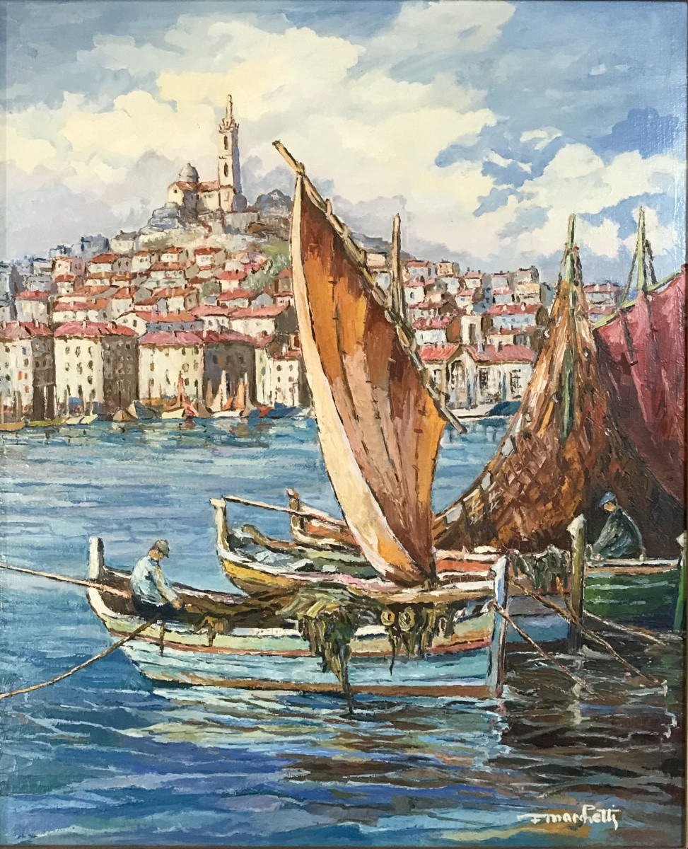 Modern Art Oil On Canvas “the Port Of Marseille” Marine 1977 Signed F. Marchetti 78.3x67 Cm -photo-4