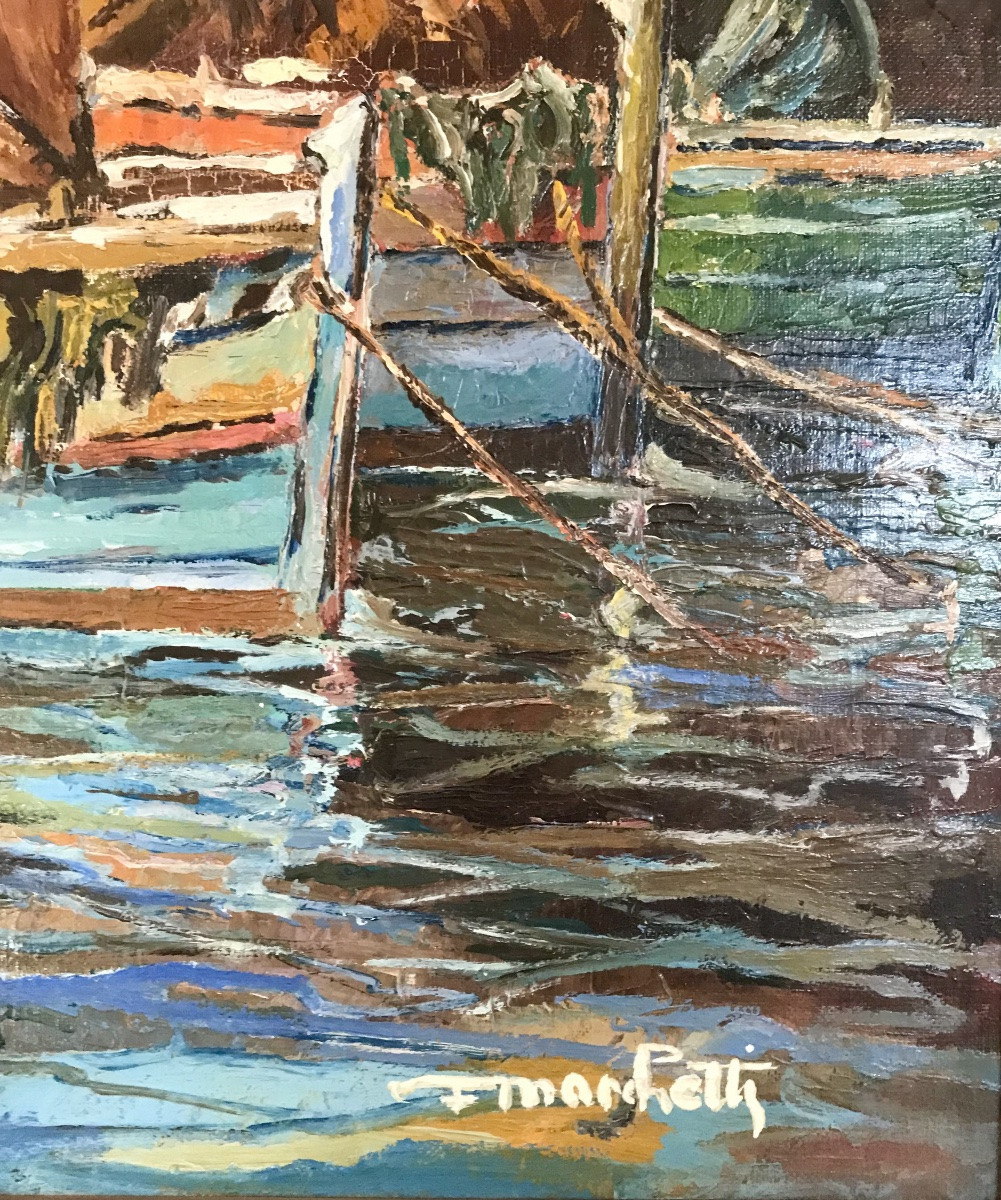 Modern Art Oil On Canvas “the Port Of Marseille” Marine 1977 Signed F. Marchetti 78.3x67 Cm -photo-1