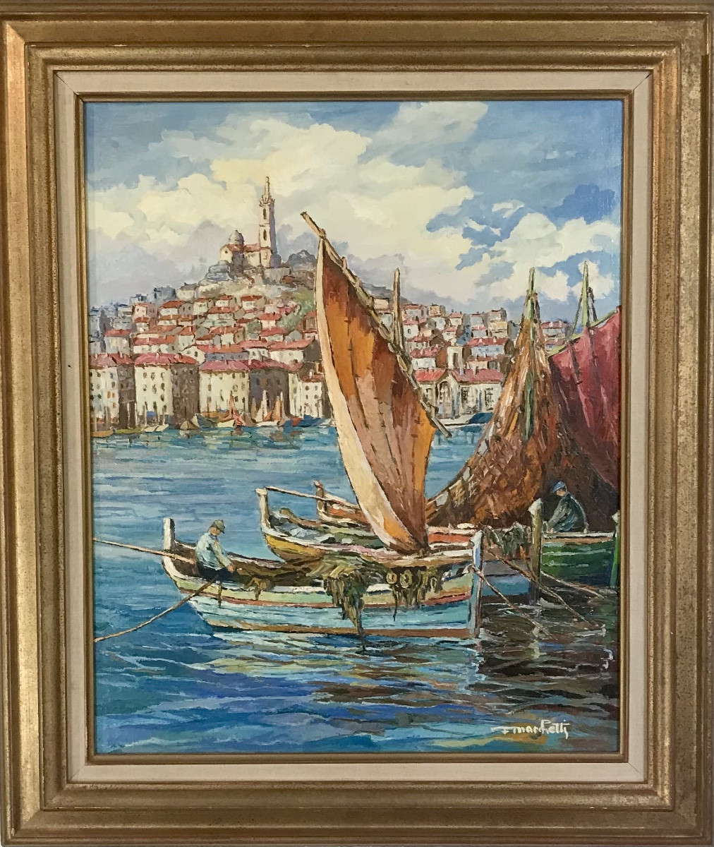 Modern Art Oil On Canvas “the Port Of Marseille” Marine 1977 Signed F. Marchetti 78.3x67 Cm -photo-6
