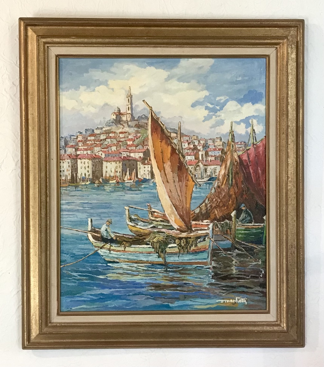 Modern Art Oil On Canvas “the Port Of Marseille” Marine 1977 Signed F. Marchetti 78.3x67 Cm 