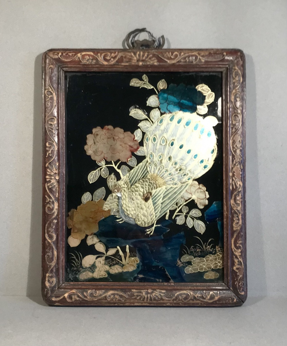 Art D’Asie Chine Fixé sous verre «Paon parmi les fleurs» Fin 19ème siècle -photo-2