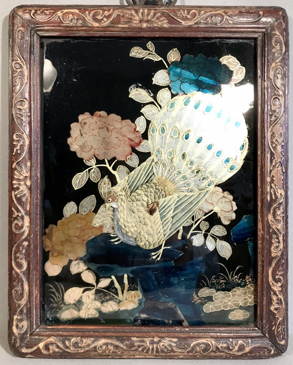 Art D’Asie Chine Fixé sous verre «Paon parmi les fleurs» Fin 19ème siècle -photo-3