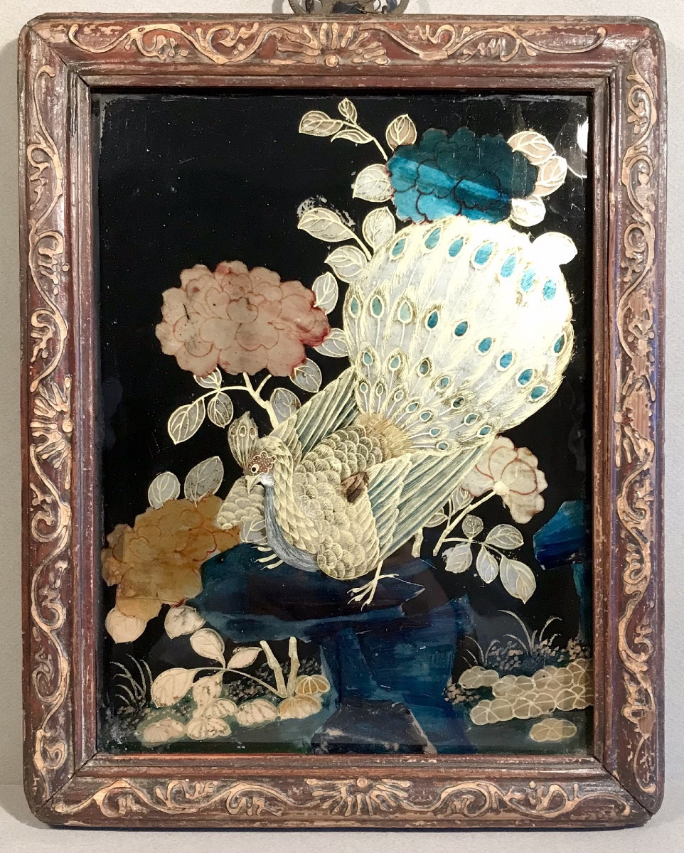 Art D’Asie Chine Fixé sous verre «Paon parmi les fleurs» Fin 19ème siècle -photo-4