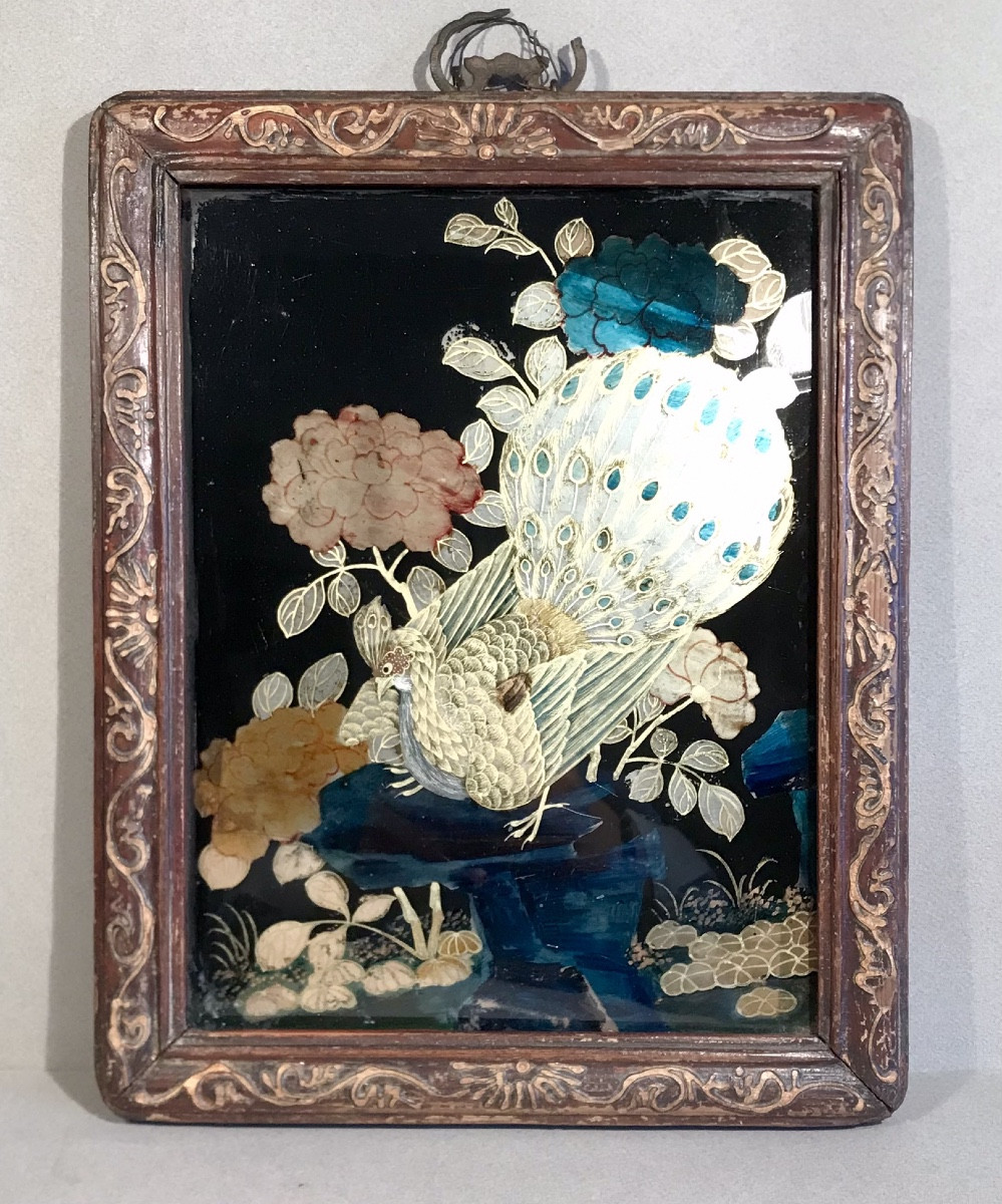 Art D’Asie Chine Fixé sous verre «Paon parmi les fleurs» Fin 19ème siècle 