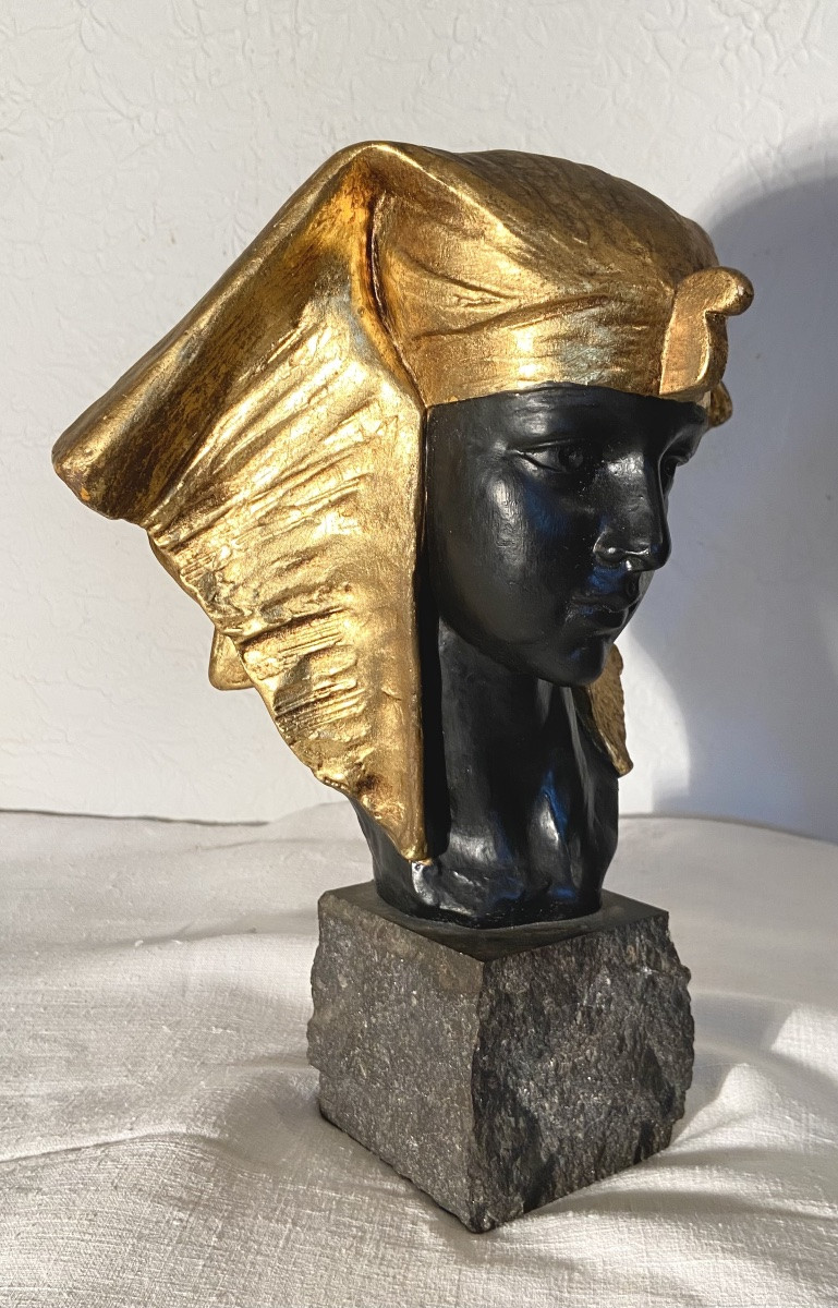 Art Deco Sculpture After G.carli Terracotta Pharaoh Bust Circa 1920/1930 Belgium-photo-2