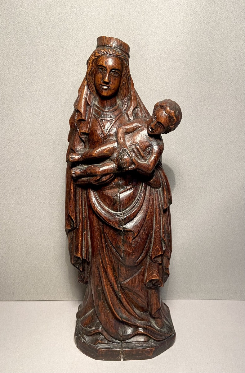Carving 1st Half 19th Century Virgin And Child In Solid Oak Monoxyle Carving Height: 39 Cm-photo-2