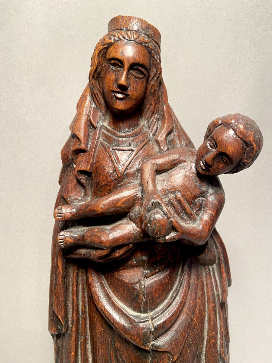 Carving 1st Half 19th Century Virgin And Child In Solid Oak Monoxyle Carving Height: 39 Cm-photo-3