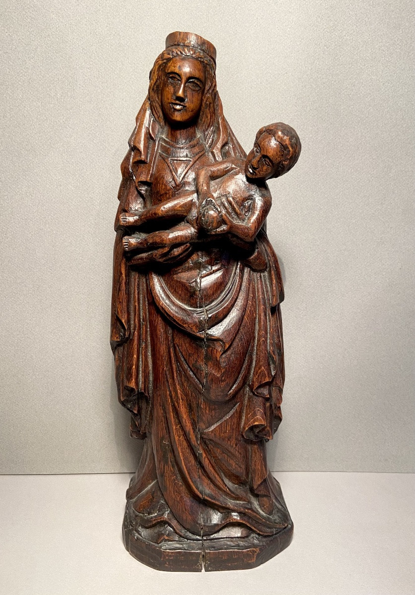 Carving 1st Half 19th Century Virgin And Child In Solid Oak Monoxyle Carving Height: 39 Cm-photo-3