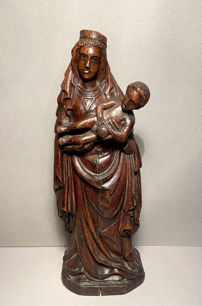 Carving 1st Half 19th Century Virgin And Child In Solid Oak Monoxyle Carving Height: 39 Cm