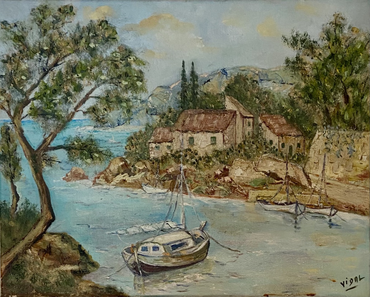 Art Moderne Peinture Provence/Côte d’Azur Marine HST « L’enclave paisible » Var 1985-photo-2