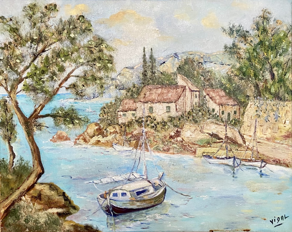 Art Moderne Peinture Provence/Côte d’Azur Marine HST « L’enclave paisible » Var 1985-photo-4