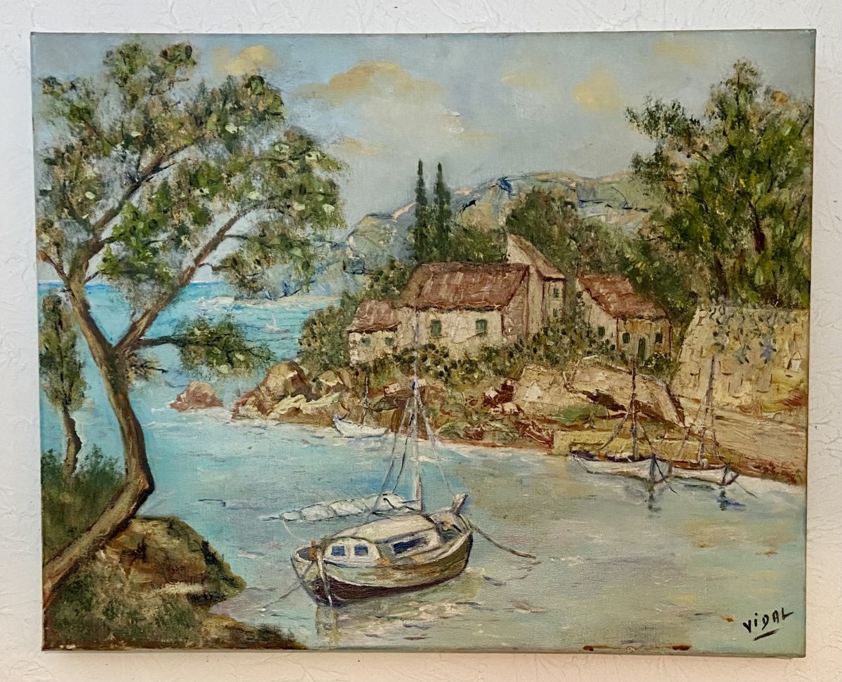 Art Moderne Peinture Provence/Côte d’Azur Marine HST « L’enclave paisible » Var 1985