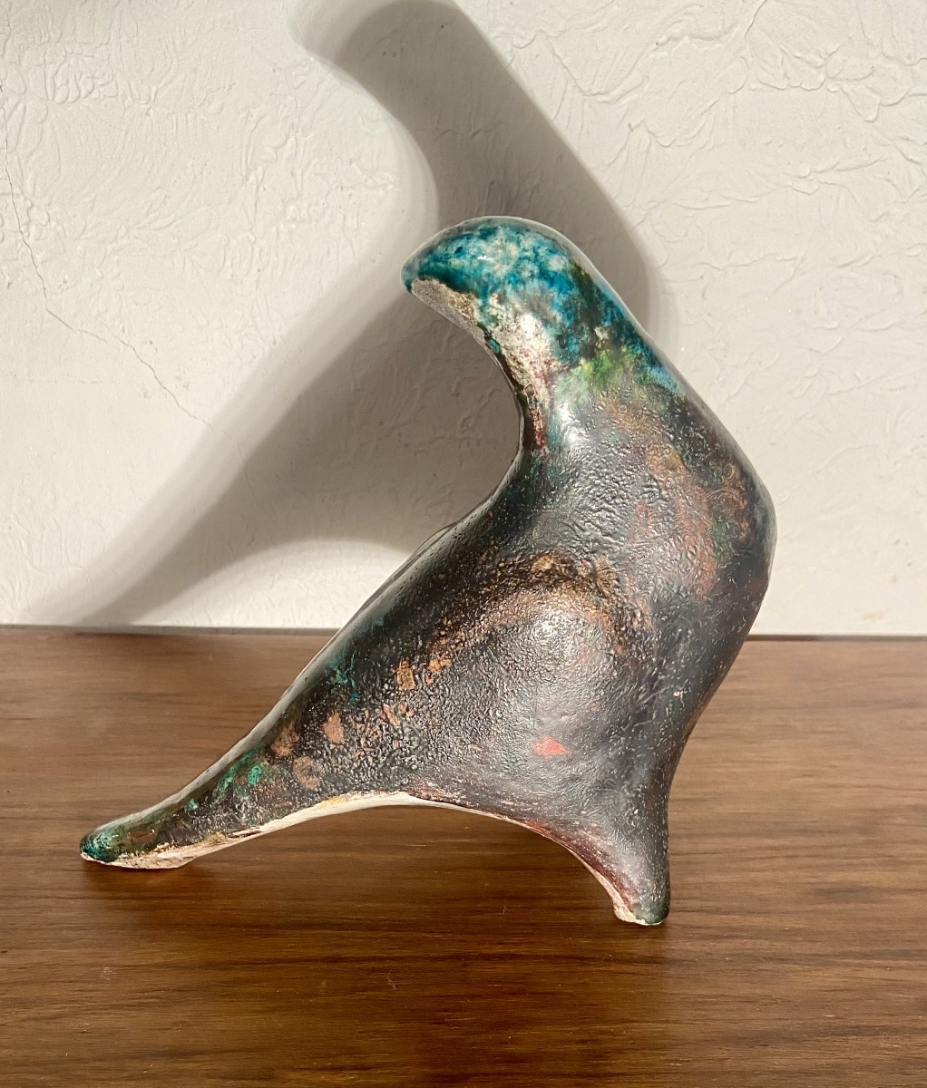 Sculpture, Modern Art, Glazed Ceramic, Raku, Stylized Dove, 20th Century, Signed-photo-2