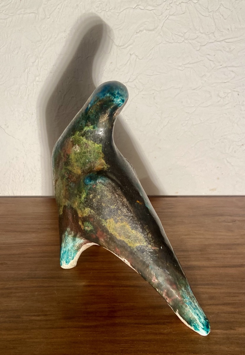 Sculpture, Modern Art, Glazed Ceramic, Raku, Stylized Dove, 20th Century, Signed-photo-1