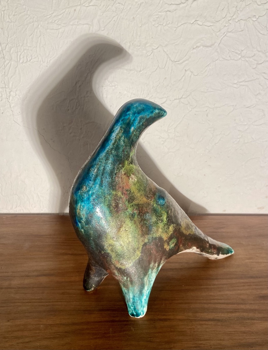 Sculpture, Modern Art, Glazed Ceramic, Raku, Stylized Dove, 20th Century, Signed