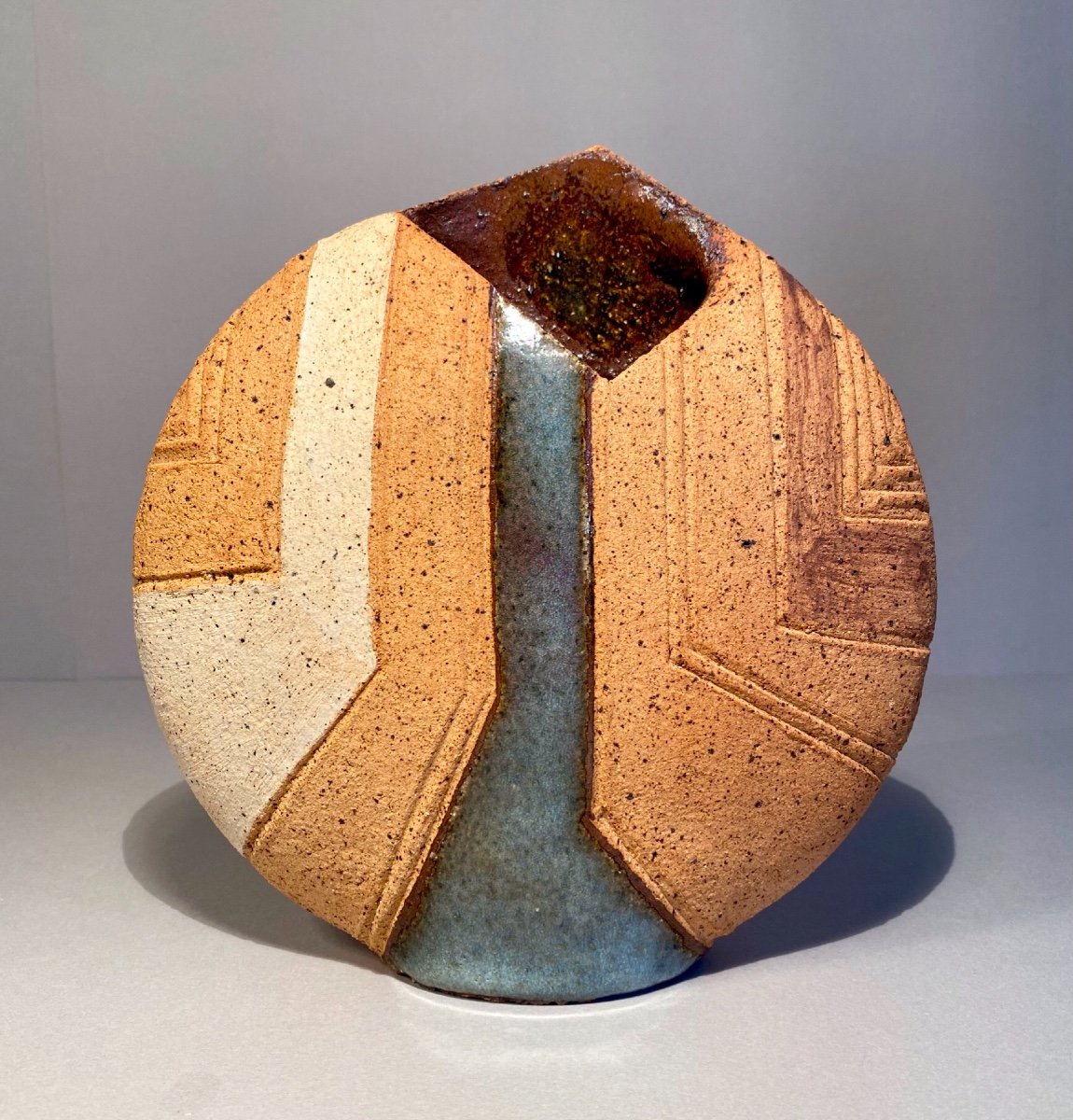 XXth La Borne Lenticular Vase Sandstone Chamotte Pyrité Enameled Abstract Yves Mohy-photo-4