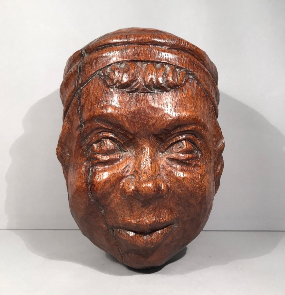 XVIIIth Folk Art Character Head Sculpture In Carved Blond Oak Signed Haute-époque-photo-4