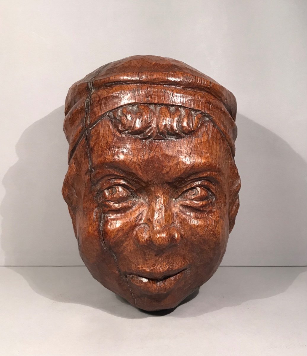 XVIIIth Folk Art Character Head Sculpture In Carved Blond Oak Signed Haute-époque-photo-3