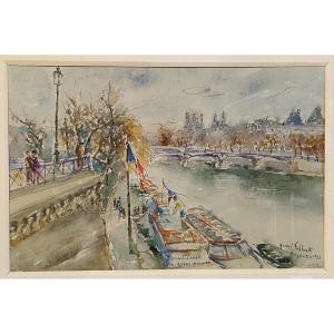 Art Moderne Aquarelle Henri Schluck « paris, La Seine, Le Pont Des Arts » 1983 Arts Du XXème 