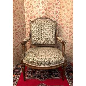 Louis XVI Armchair Solid Walnut Partly Gilded Horsehair Floral Tapestry Circa 1890-1900