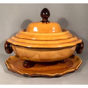Dieulefît Etienne Noël Large Covered Tripod Dish In Glazed Earthenware 20th Century Circa 1930