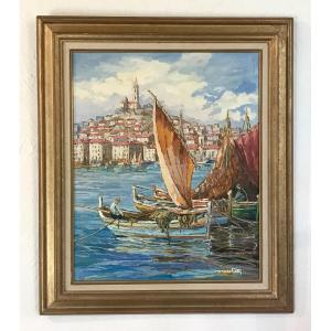 Modern Art Oil On Canvas “the Port Of Marseille” Marine 1977 Signed F. Marchetti 78.3x67 Cm 