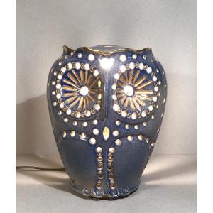 Sculpture Art Moderne Chouette en céramique polychrome émaillée ajourée 20ème lampe Pelletier