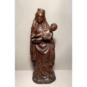 Carving 1st Half 19th Century Virgin And Child In Solid Oak Monoxyle Carving Height: 39 Cm