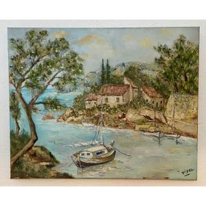 Modern Art, Painting, Provence/french Riviera, Seascape, Hst, “the Peaceful Enclave,” Var, 1985