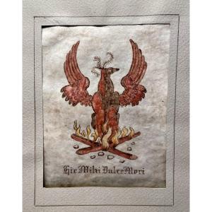 Freemasonry, 18th Century Drawing On Vellum “phoenix” Primitive Scottish Rite Alchemy
