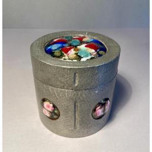 Arts Décoratifs J. Capó Amoros Espagne XXème Boîte circulaire émaux zinc palmier Circa 1960/70