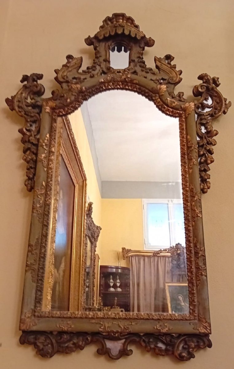 Pair Of Green Laquered Wooden Mirror- Early XX Century-photo-2