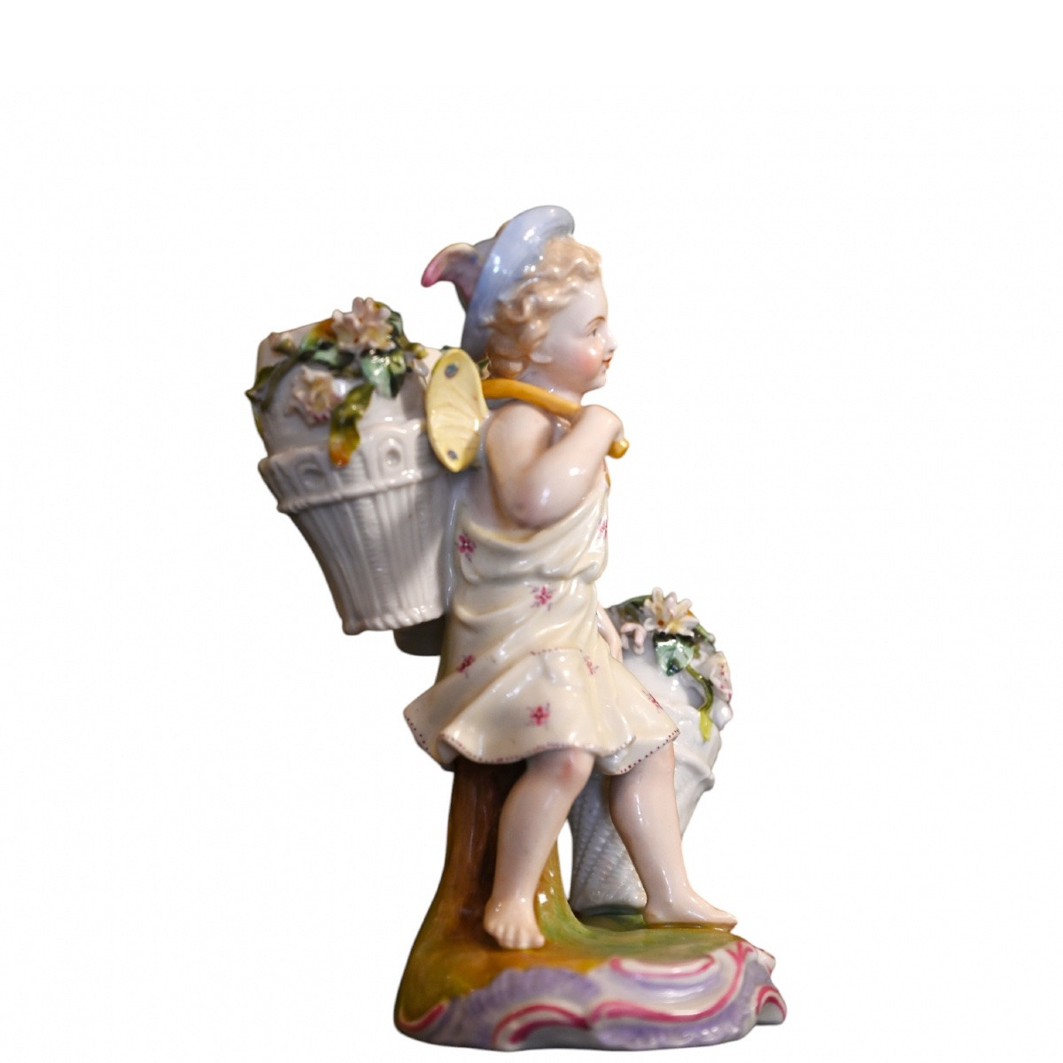 Polychrome Porcelain Group. Putto With A Basket Of Flowers. Germany, 19th Century-photo-2